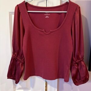 Anthropologie Raspberry Scoop-Neck Top with Satin Balloon Sleeves